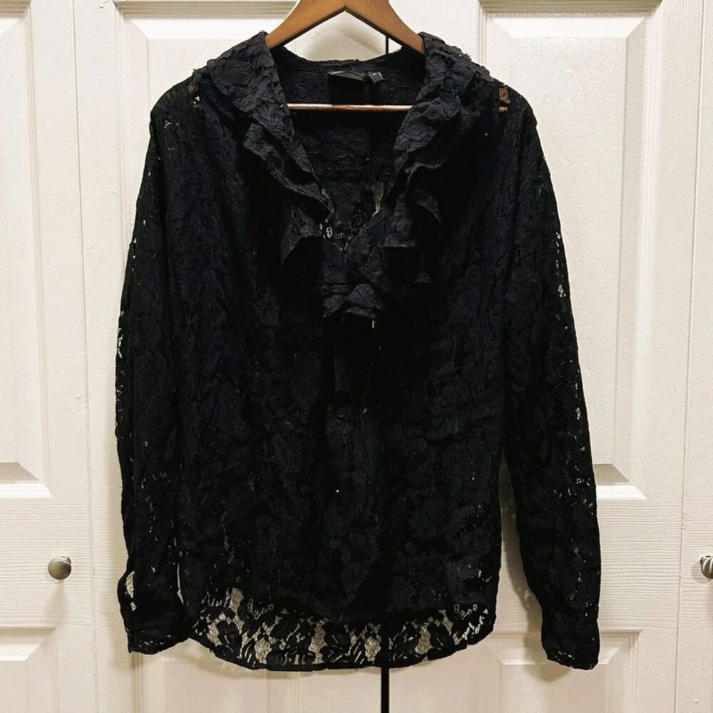 ASOS Design Black Sheer Lace Ruffle Blouse